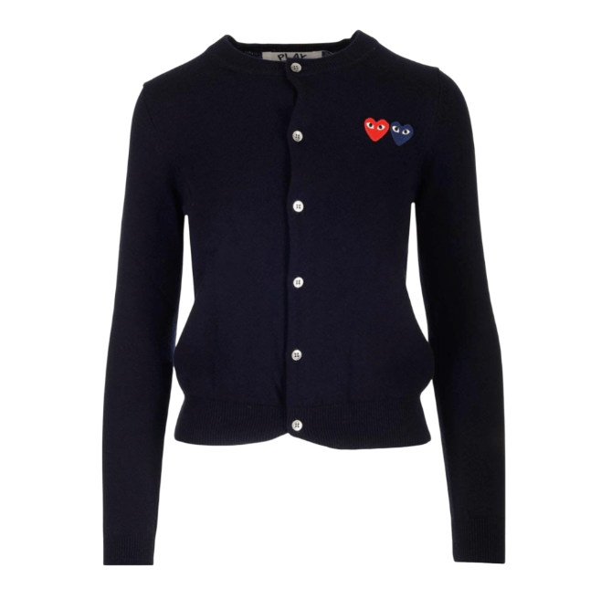 COMME DES GARCONS PLAY Double Heart Emblem Round Neck Cardigan - NAVY