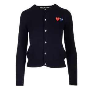 COMME DES GARCONS PLAY Double Heart Emblem Round Neck Cardigan - NAVY