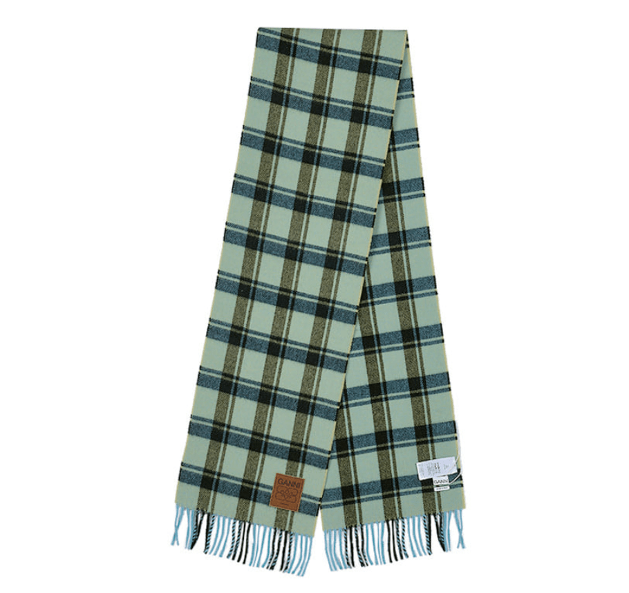 Ganni Check Wool Scarf Green