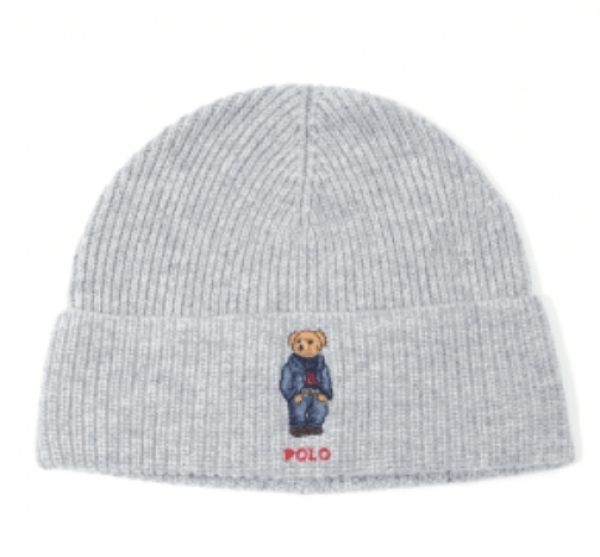 Polo Bear Ribbed Knit Beanie Grey
