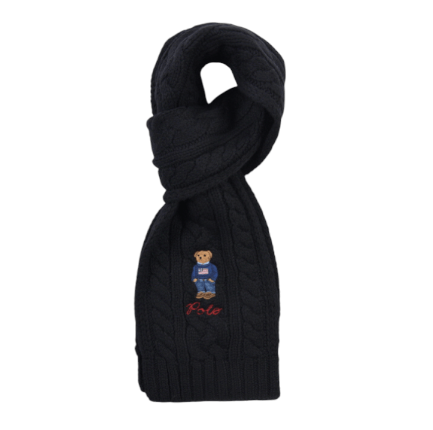 Polo Ralph Lauren American-flag bear embroidered cable-knit wool scarf