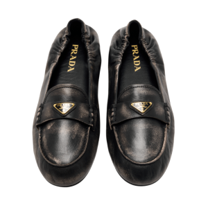 PRADA Triangle Logo Vintage-Effect Leather Loafers