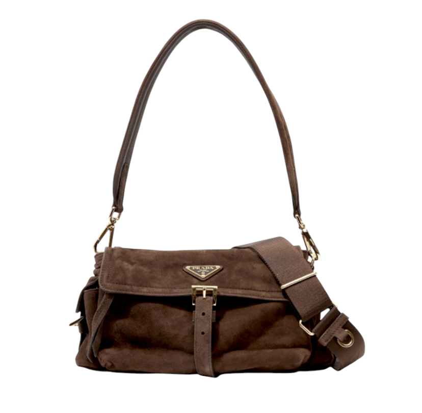 Prada Explore medium suede shoulder bag with flap