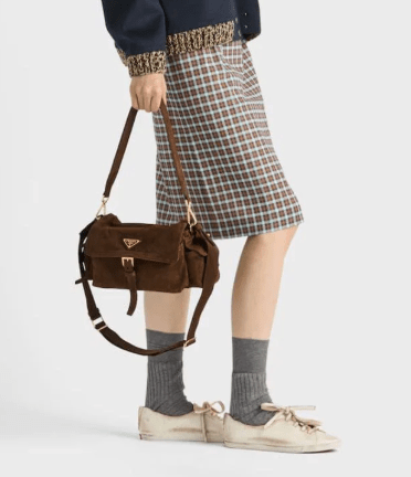 Prada Explore medium suede shoulder bag with flap