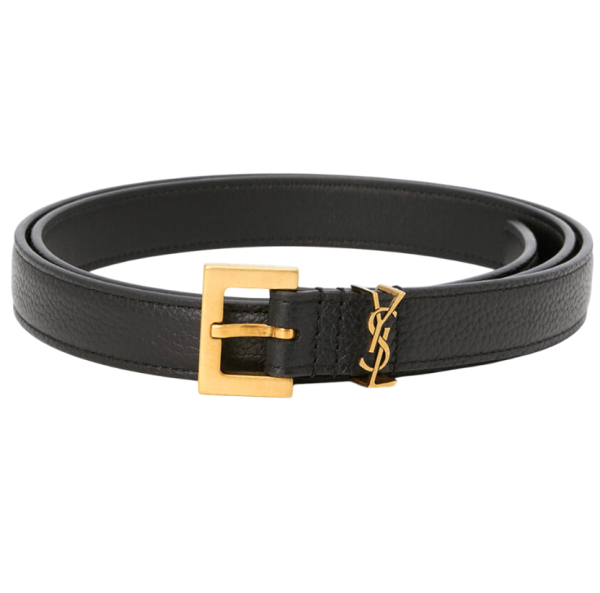 Saint Laurent Cassandre Grained Leather Square Buckle Thin Belt Black