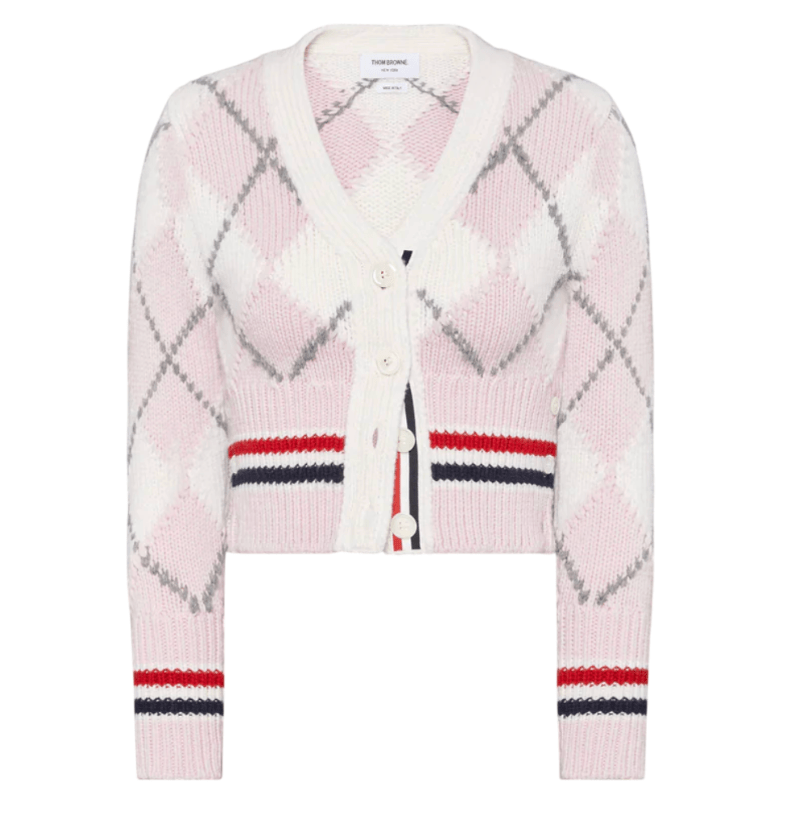 Argyle Intarsia Merino Wool Shrunken Cardigan