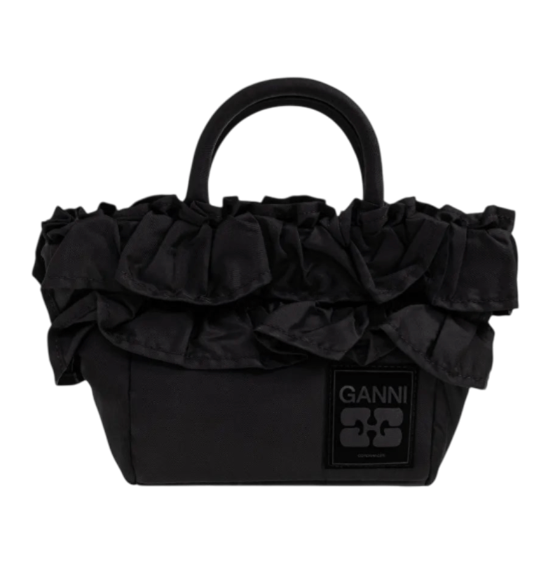 BLACK MINI RUFFLE-DETAIL SHOPPER BAG 