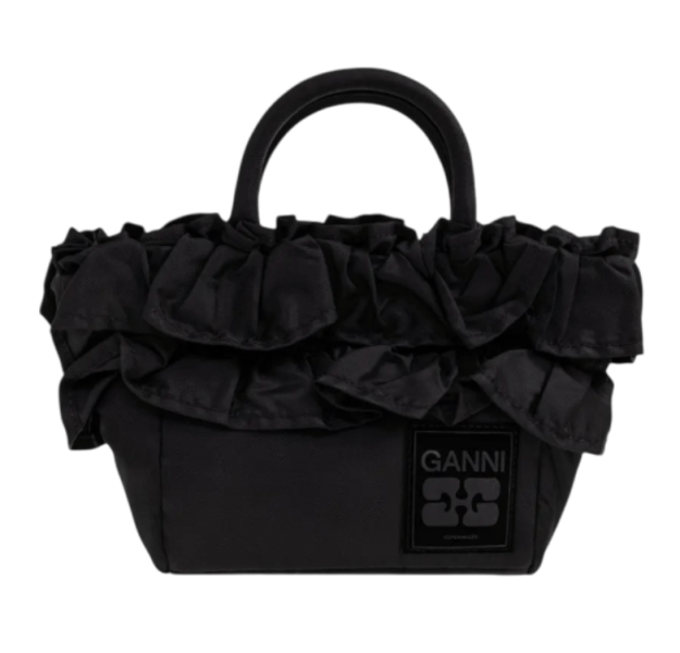 BLACK MINI RUFFLE-DETAIL SHOPPER BAG 