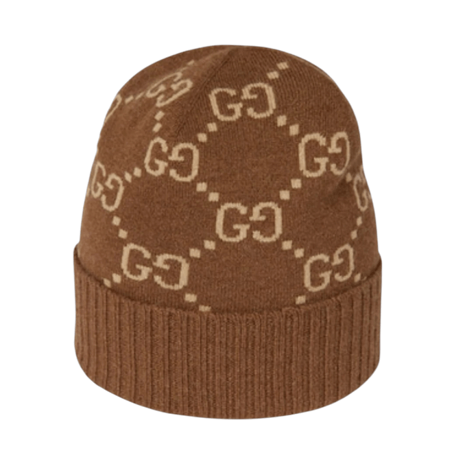 (W) Gucci GG Cashmere Jacquard Hat Dark Brown Beige