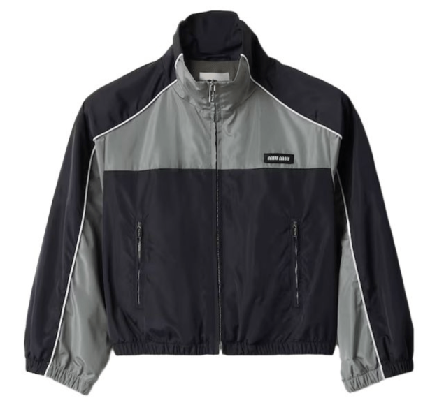 (W) Miu Miu Technical Silk Zipper Blouson Jacket Blue Lead Grey