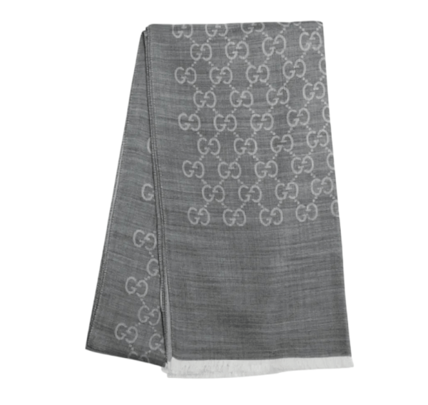 (W) Gucci GG Wool Silk Jacquard Scarf Grey