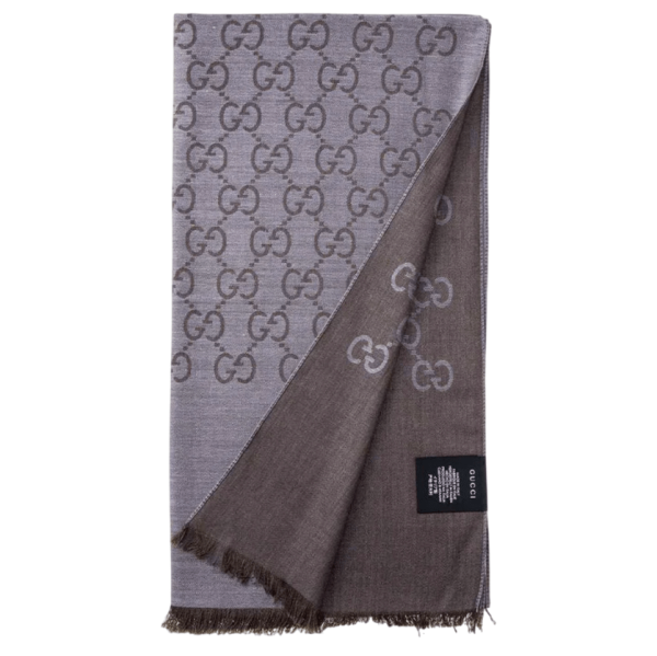 (W) Gucci GG Wool Silk Jacquard Muffler Grey Brown