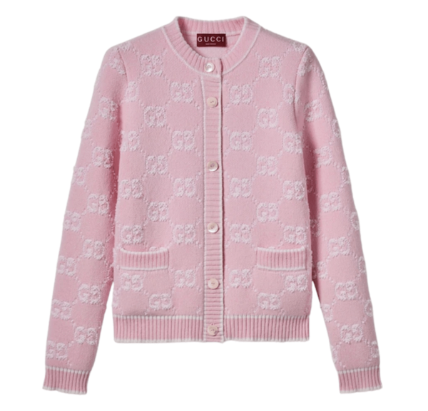 (W) Gucci GG Wool Boucle Jacquard Cardigan Light Pink White