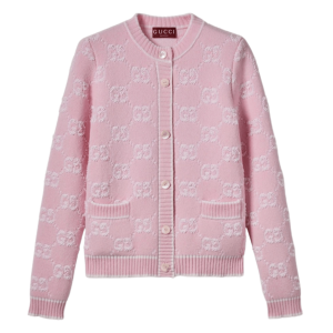 (W) Gucci GG Wool Boucle Jacquard Cardigan Light Pink White