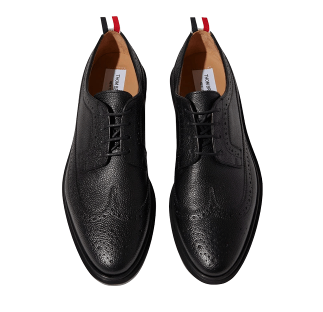 (W) Thom Browne Pebble Grain Leather Lightweight Rubber Sole Longwing Brogue Loafer Black