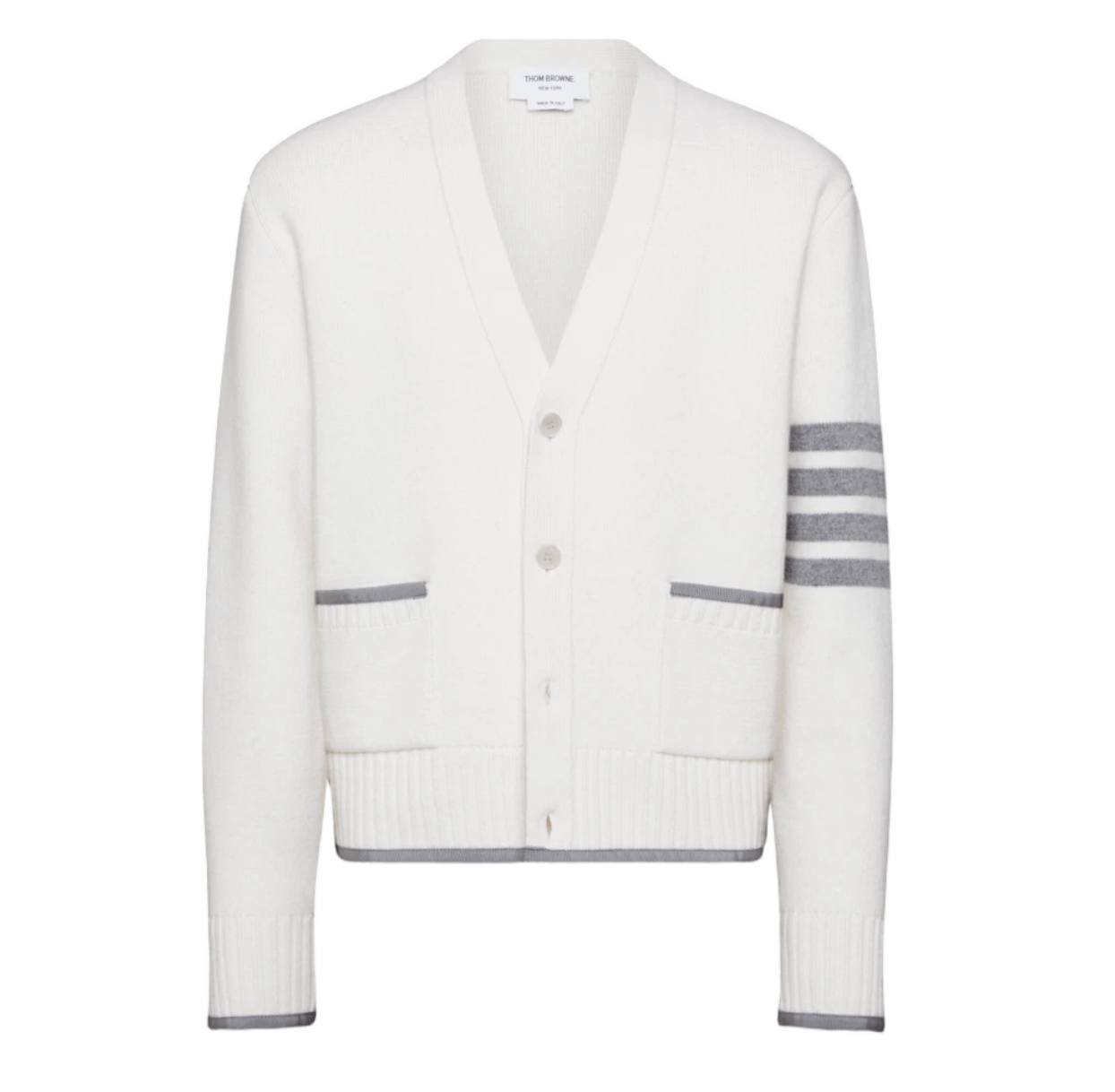 Thom Browne Milano Stitch Merino Wool 4-Bar V-Neck Cardigan White