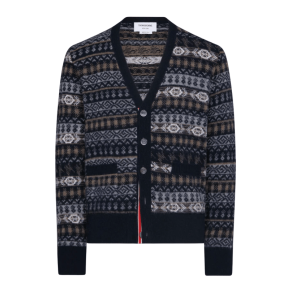 Thom Browne Brushed Shetland and Merino Wool Funmix Fair Aile Jacquard V-Neck Cardigan Navy