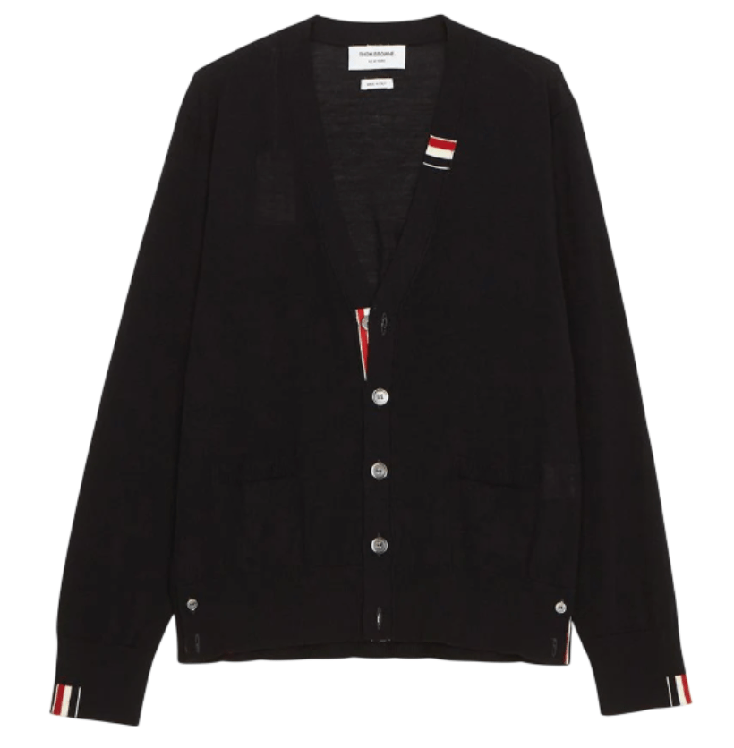 Thom Browne Fine Merino Jersey Stripe Relaxed V-Neck Cardigan Navy