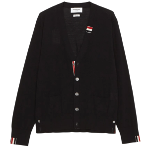 Thom Browne Fine Merino Jersey Stripe Relaxed V-Neck Cardigan Navy