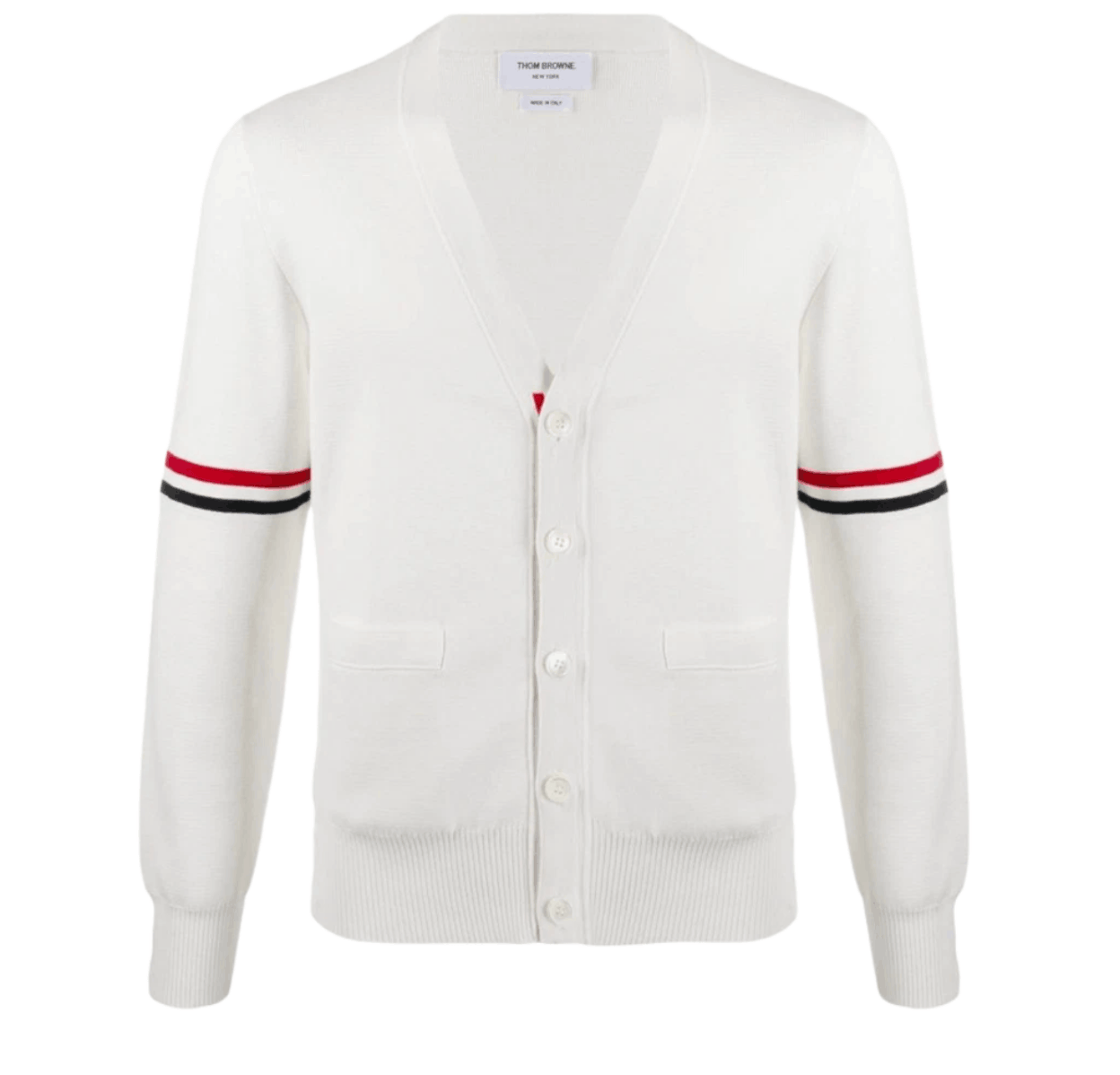 Thom Browne Cotton Milano Stitch Stripe Armband V-Neck Cardigan White