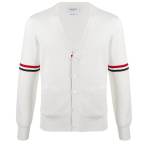 Thom Browne Cotton Milano Stitch Stripe Armband V-Neck Cardigan White