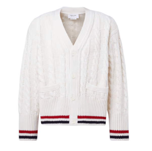 Merino Baby Cable Stitch RWB Stripe Cardigan - white