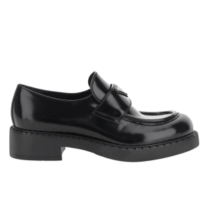 (W) Prada Chocolate Brushed Leather Loafers Black