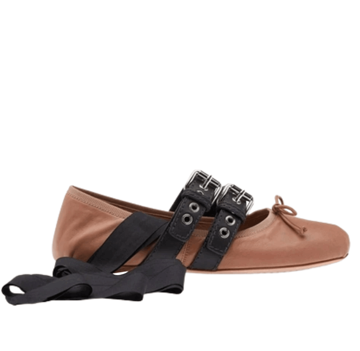 (W) Miu Miu Nappa Leather Ballerinas with Belts Nude Nero