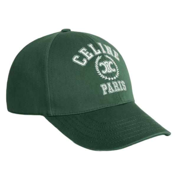 Celine University Baseball Cap in Gabardine Cotton Washed Green College Off White