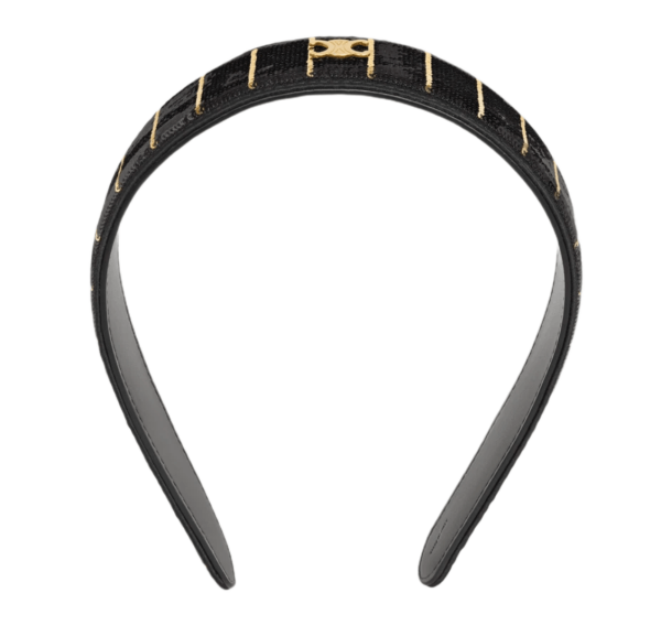 (W) Celine Striped Sequins Headband in Calfskin, Polyester and Brass with Gold Finish Black Gold Smoke