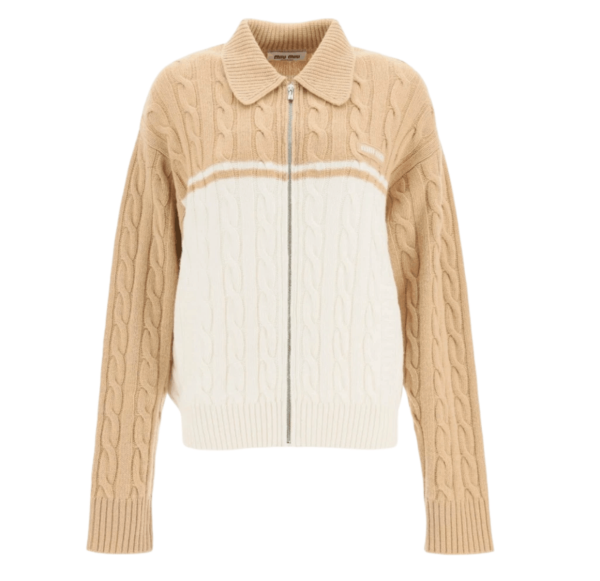 (W) Miu Miu Wool Cashmere Zip Up Cardigan Camel White