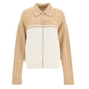 (W) Miu Miu Wool Cashmere Zip Up Cardigan Camel White