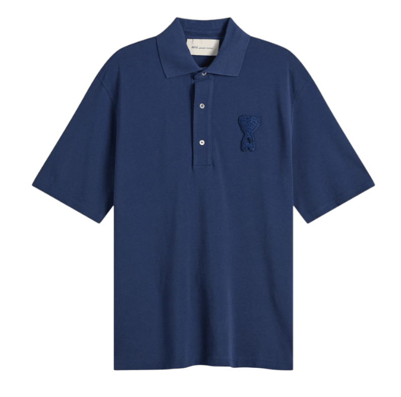 INK Blue Cotton Ami De Coeur Knitted Patch Polo 