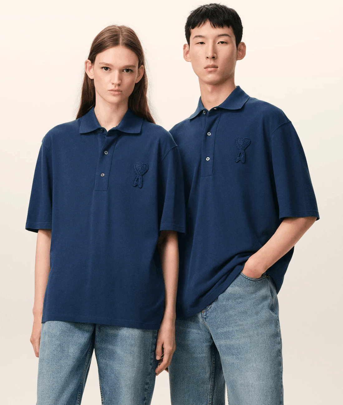 INK Blue Cotton Ami De Coeur Knitted Patch Polo 