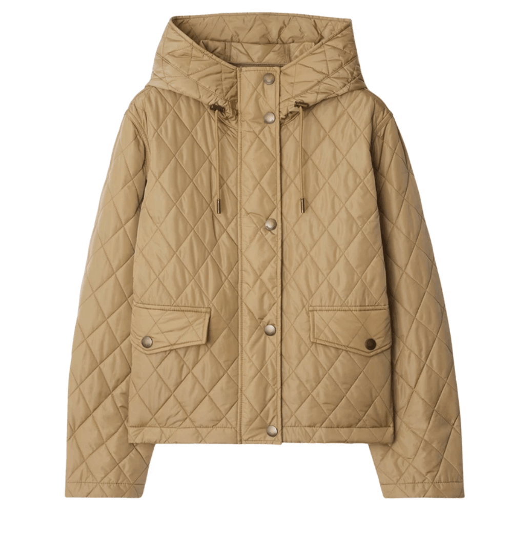 (W) Burberry Cropped Quilted Nylon Hooded Jacket Flax