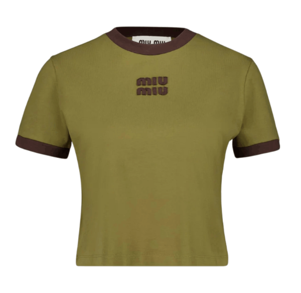 Miu Miu Military Green Cotton Pullover with Cocoa Contrast