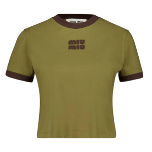 Miu Miu Military Green Cotton Pullover with Cocoa Contrast