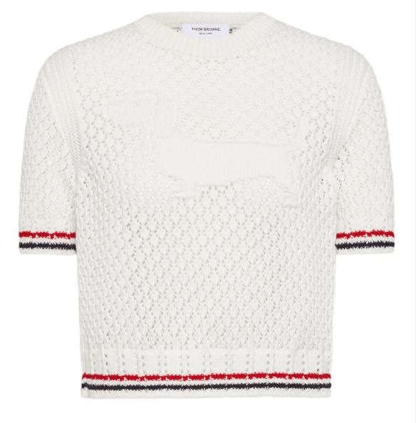 (W) Thom Browne Cotton Pointelle Stitch Hector RWB T-Shirt White