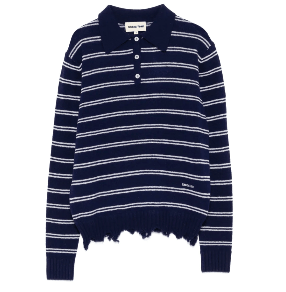 SHUSHU/TONG Striped distressed-effect Polo Shirt Blue
