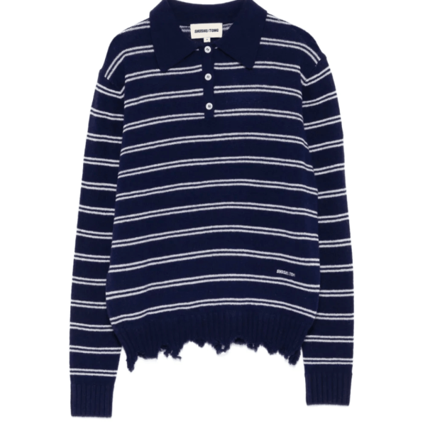 SHUSHU/TONG Striped distressed-effect Polo Shirt Blue