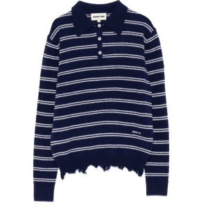 SHUSHU/TONG Striped distressed-effect Polo Shirt Blue