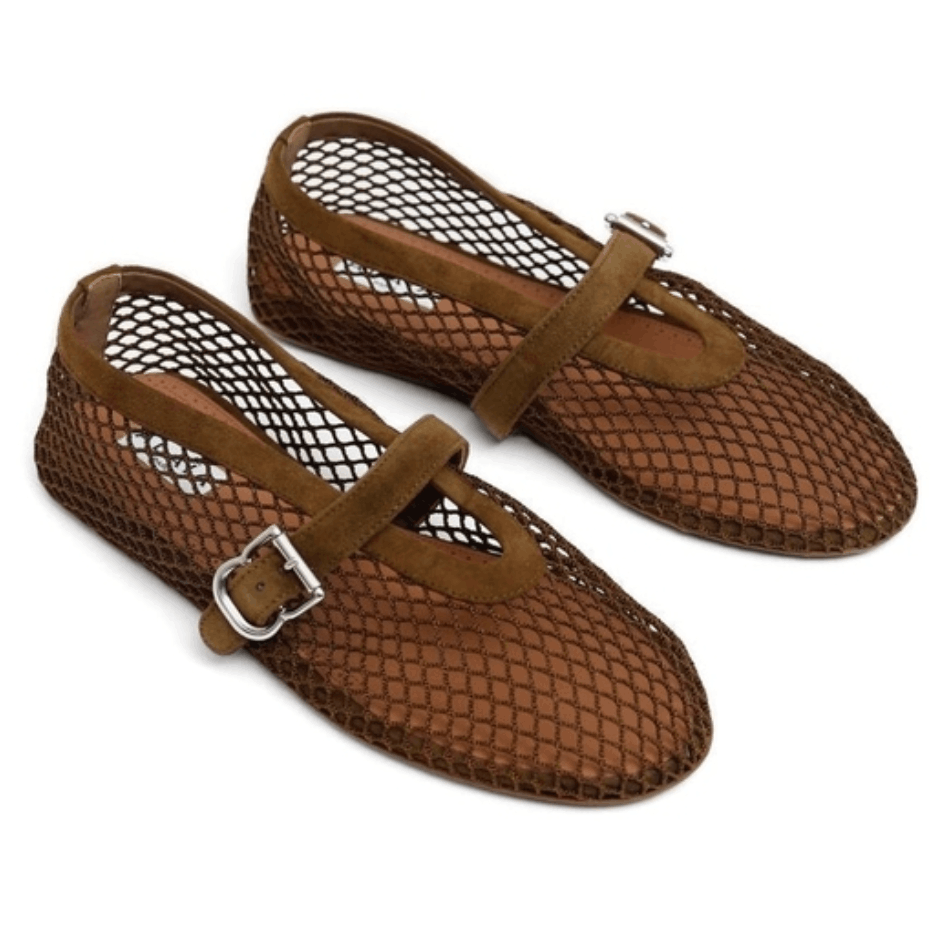 ALAÏA Kaki BALLET FLATS IN FISHNET AND SUEDE