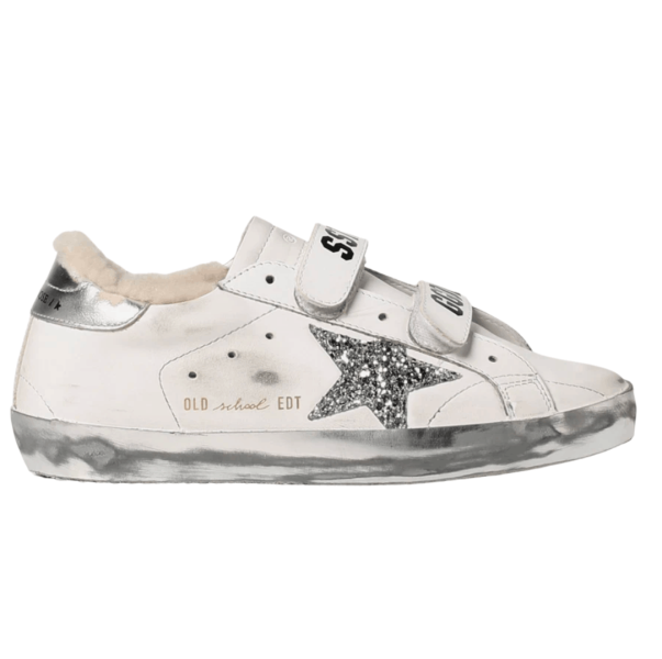 (W) Golden Goose Old School White Glitter Silver Heel Tab Sneakers
