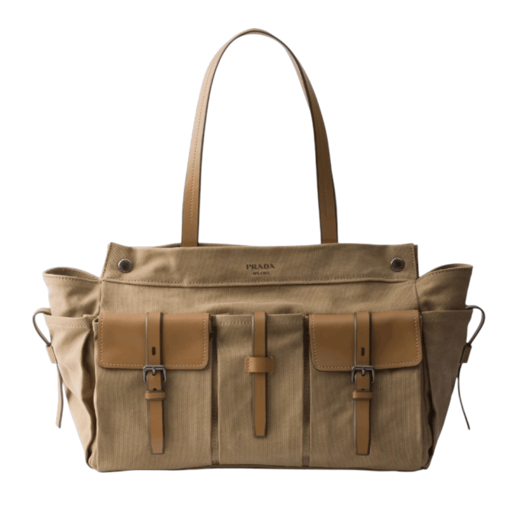 Khaki Prada Route canvas and leather tote bag 
