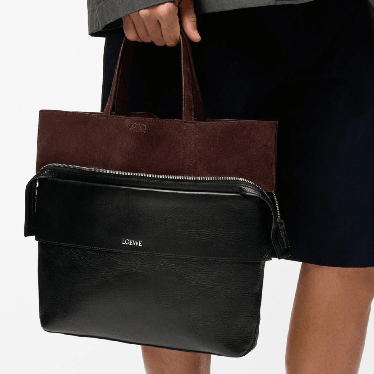 Small Switch tote in paper calf and suede Black