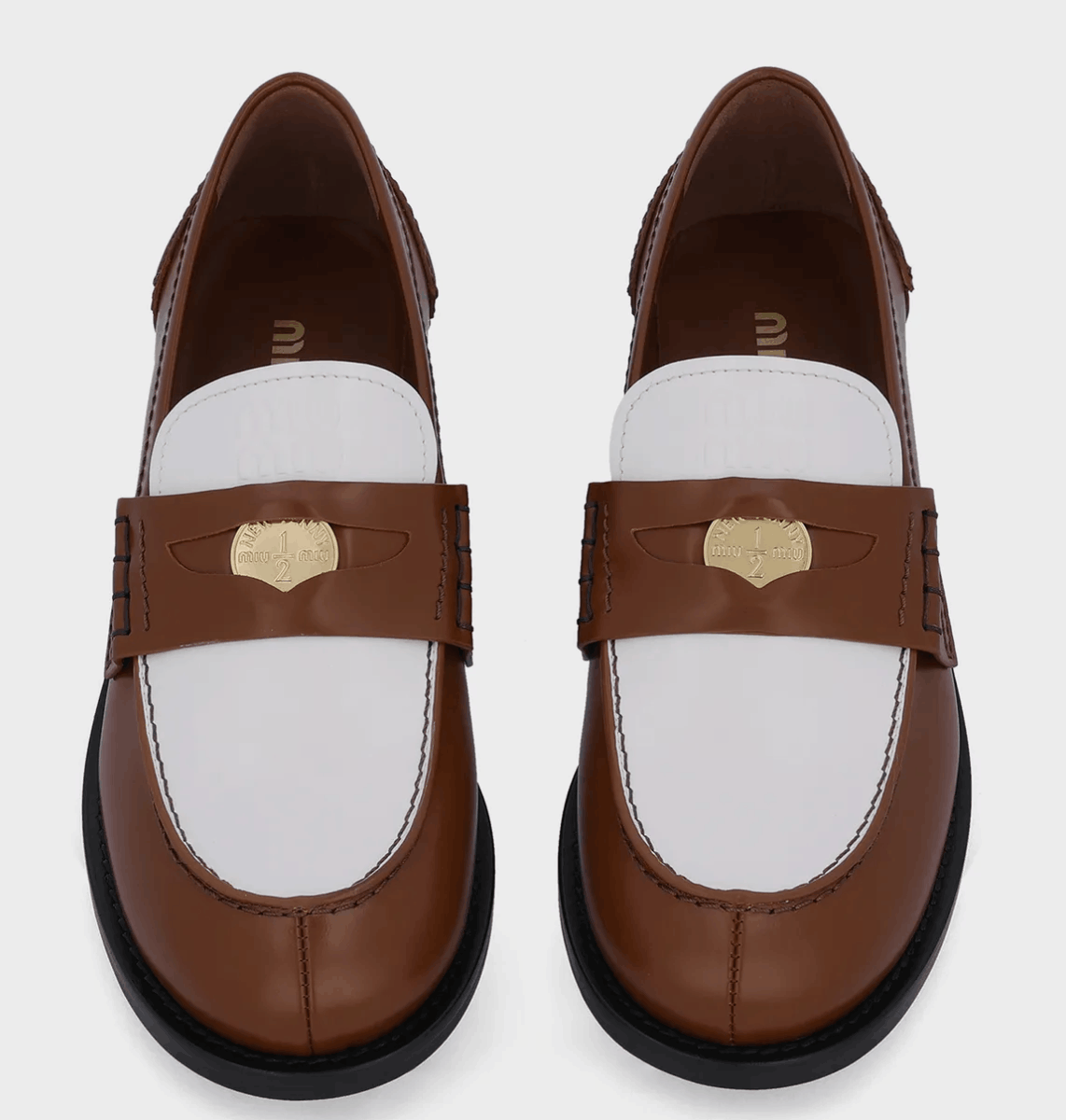 (W) Miu Miu Leather Penny Loafers Tobacco White