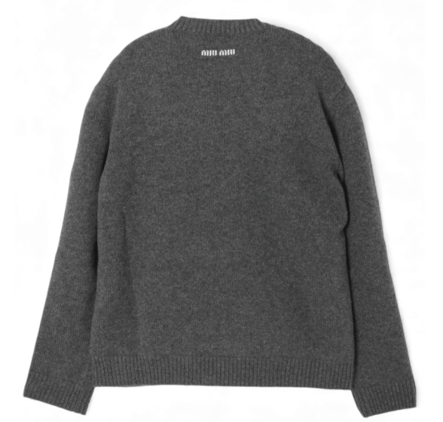 MIU MIU BACK LOGO CASHMERE KNIT SWEATER GREY 
