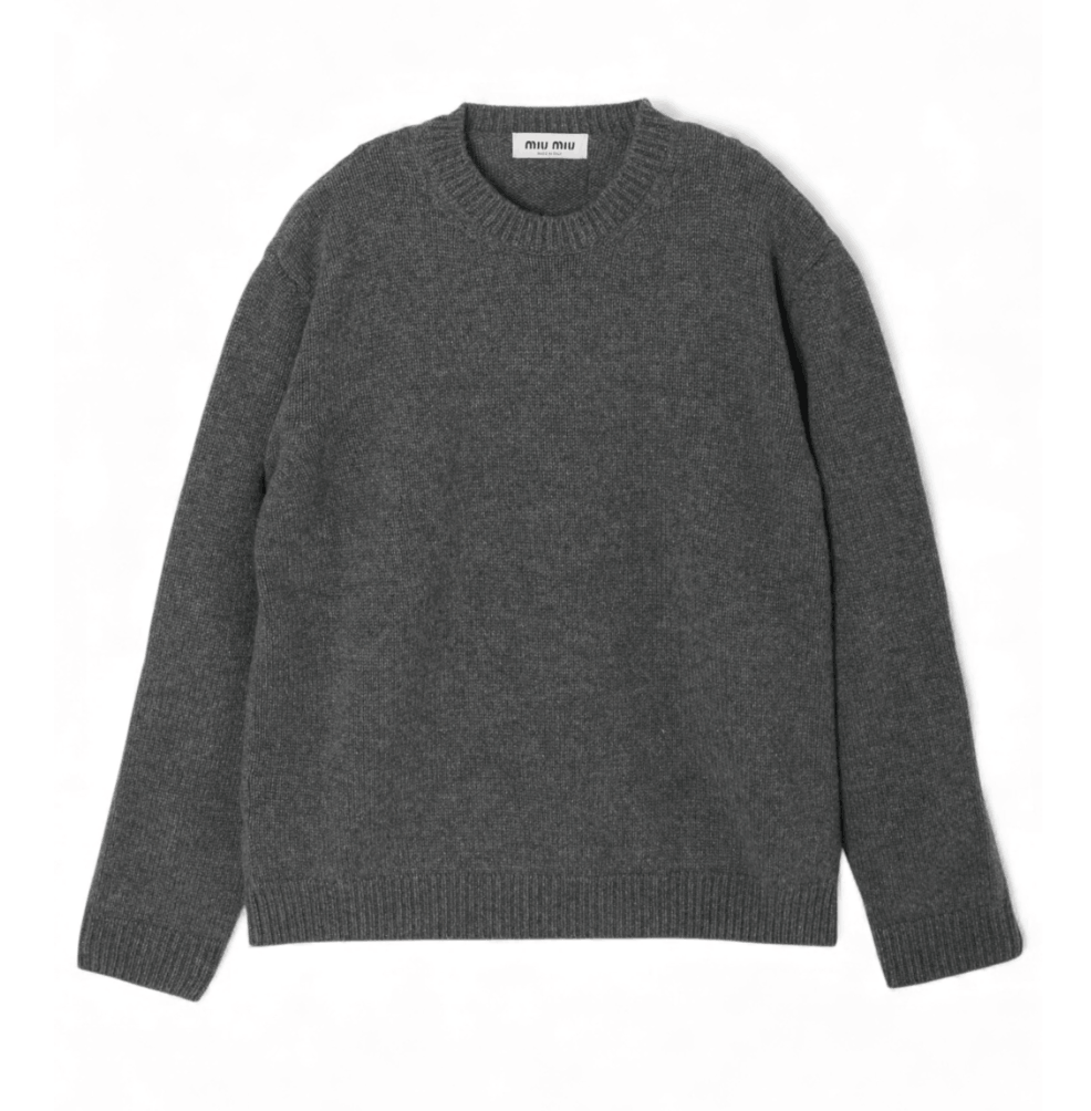 MIU MIU BACK LOGO CASHMERE KNIT SWEATER GREY 