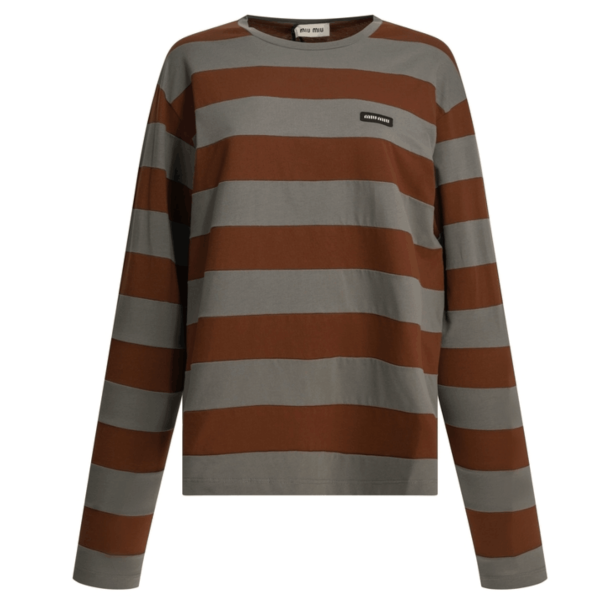 Miu Miu Striped cotton jersey T-shirt in Iron/Tobacco