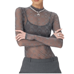 RECYCLED MESH FLOCK SS HIGHNECK TOP STONE GREY 